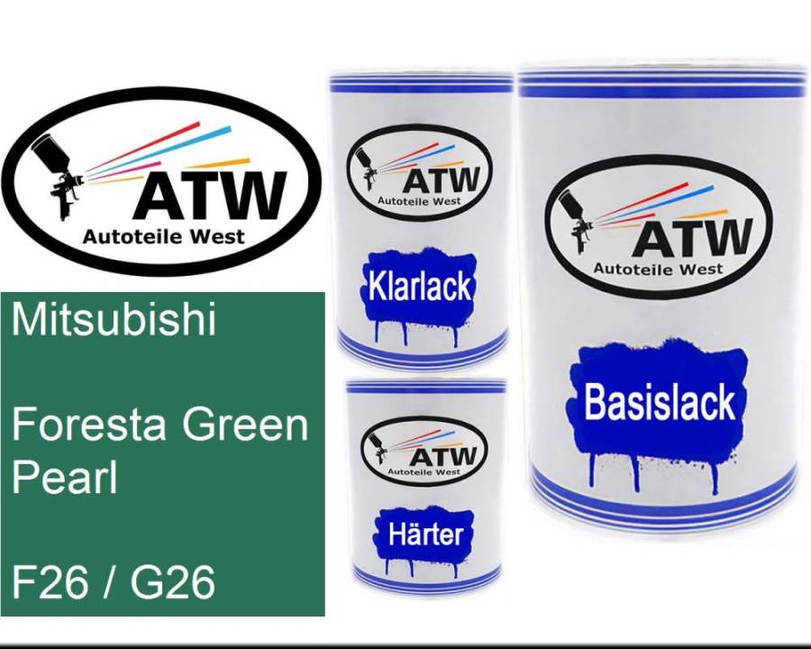 Mitsubishi, Foresta Green Pearl, F26 / G26: 500ml Lackdose + 500ml Klarlack + 250ml Härter - Set, von ATW Autoteile West.